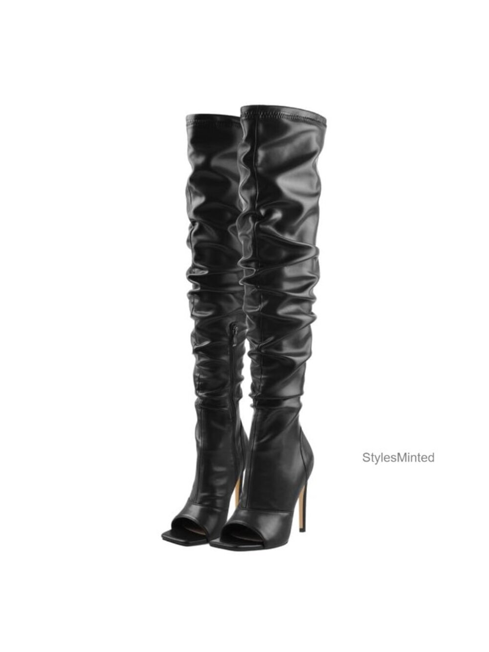 Over The Knee Stiletto Boots Rhinestone Side Zip Pointed Toe Wide Calf 24in